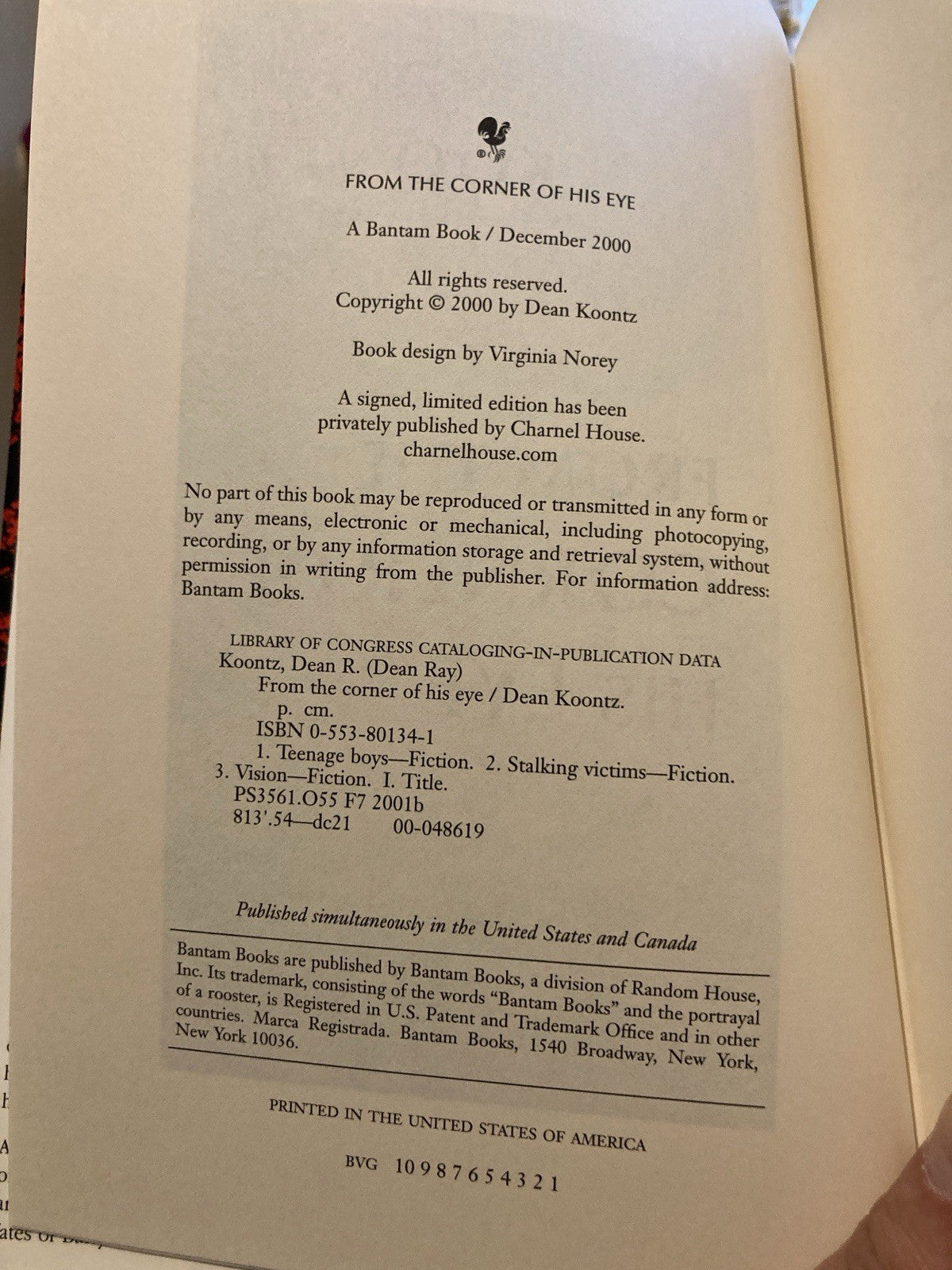 Dean Koontz "From the Corner of His Eye" First Edition Hardcover 2000