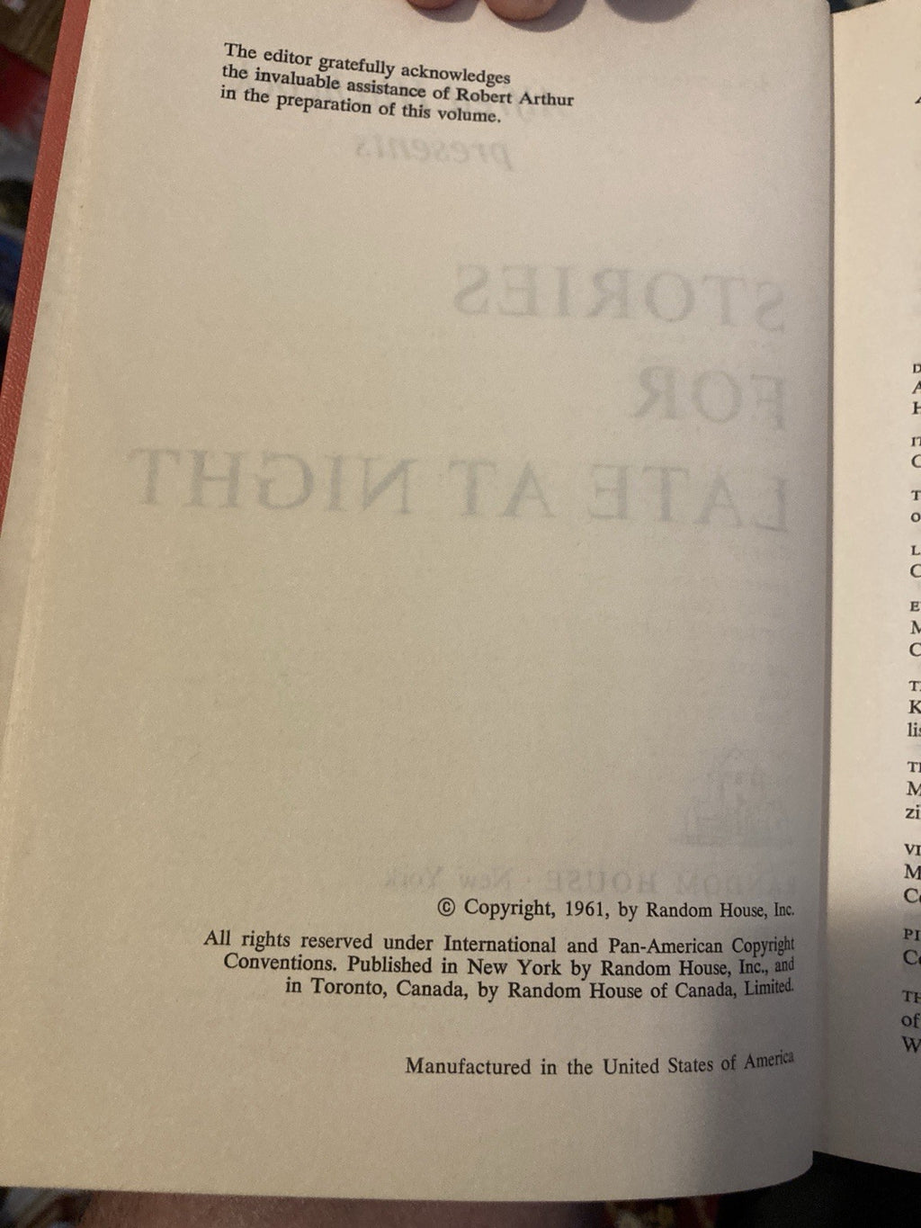 Alfred Hitchcock Stories for Late at Night Random House Hardcover 1961 Fiction