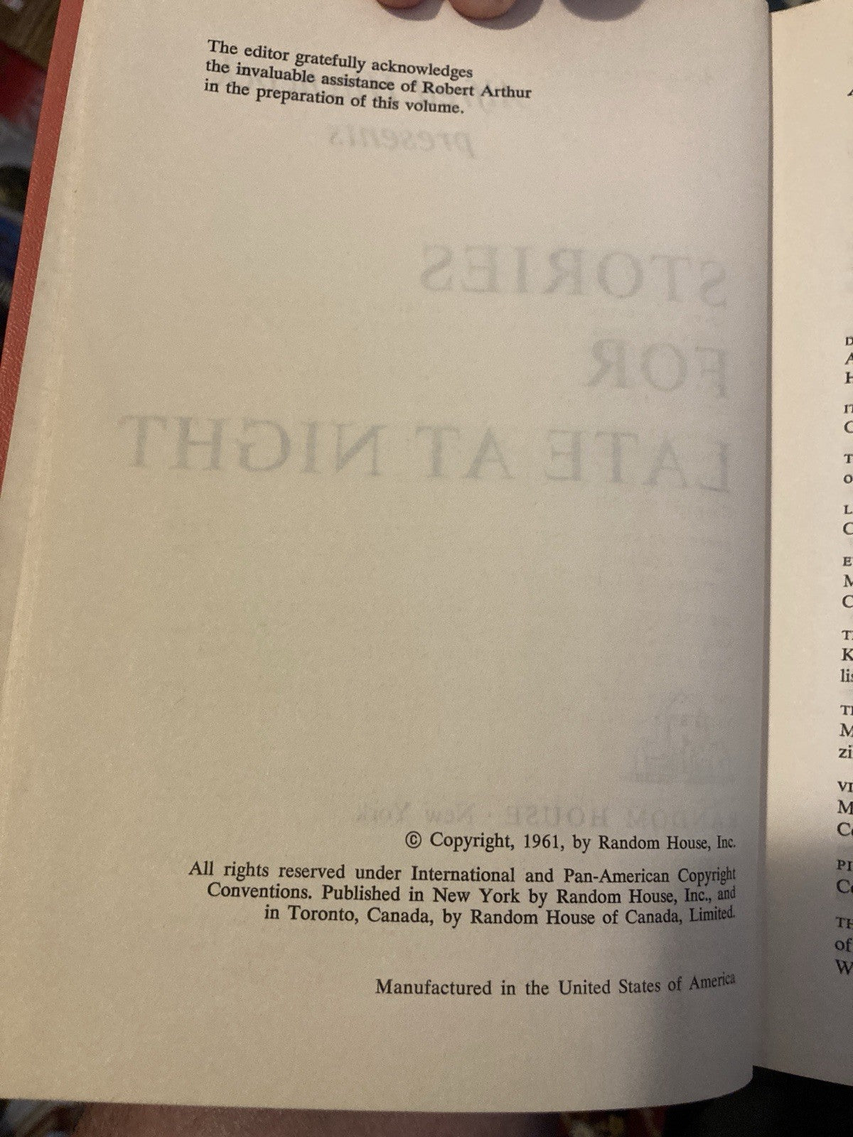 Alfred Hitchcock Stories for Late at Night Random House Hardcover 1961 Fiction